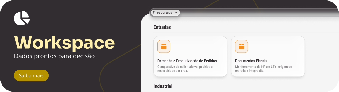 Imagem de uma tela de dashboard de software de gestão de solicitações e documentos fiscais, indicando dados prontos para decisão na área de workspace.