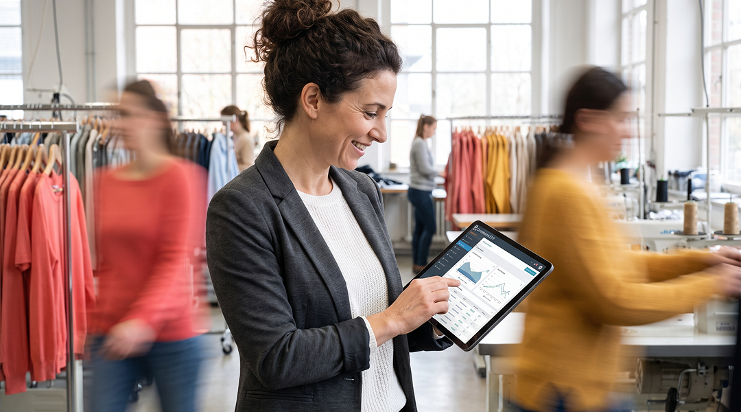 Gestora de indústria de confecção utilizando tecnologia digital para controlar e-commerce e estoque integrado ao Consistem ERP.