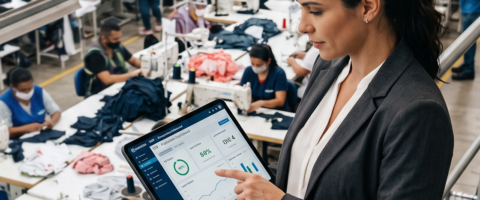 omem em frente ao computador, com expressão focada e analítica, representando a tomada de decisão estratégica e a gestão de riscos corporativos.