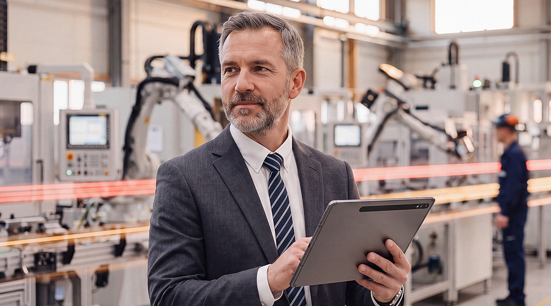 CEO e líder industrial em primeiro plano com fábrica moderna e dados de inteligência artificial ao fundo.