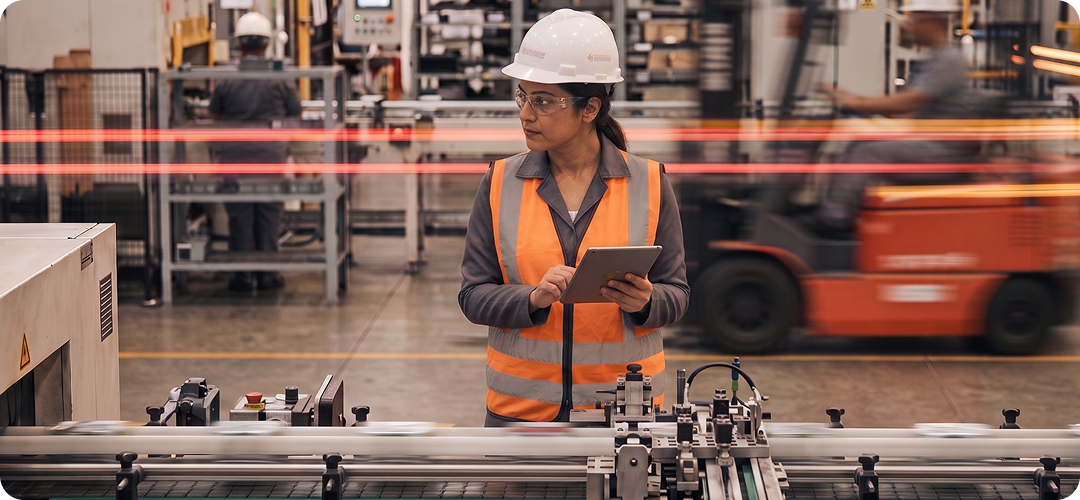 Operador industrial utilizando tablet para apontamento de produção e checagem de máquina no Consistem ERP.