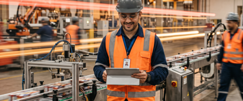 Operador industrial utilizando tablet para realizar o apontamento de produção em tempo real no chão de fábrica.