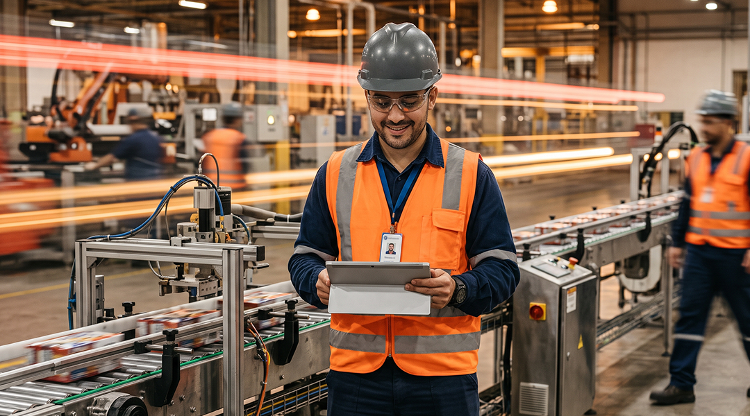 Operador industrial utilizando tablet para realizar o apontamento de produção em tempo real no chão de fábrica.
