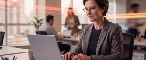 Líder fiscal feminina concentrada utilizando notebook para validar atualizações da Reforma Tributária no ERP Consistem.