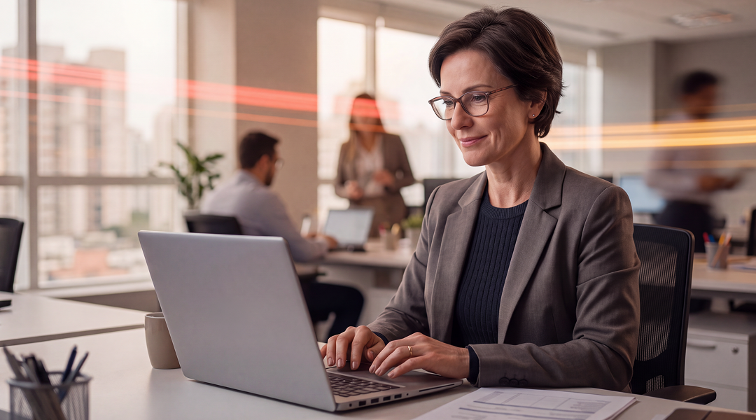 Líder fiscal feminina concentrada utilizando notebook para validar atualizações da Reforma Tributária no ERP Consistem.