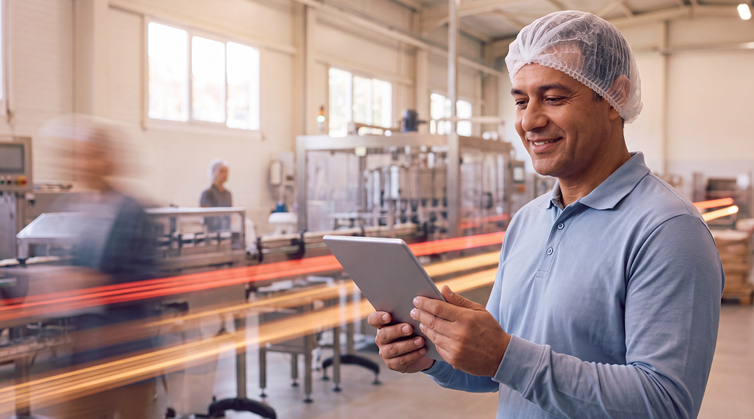 Gestor usando tablet digital para monitorar a produção em fábrica agroindustrial com tecnologia ERP.