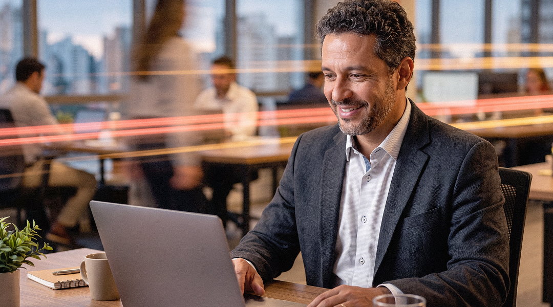 Gestor de TI trabalhando em um laptop em um escritório corporativo moderno para potencializar a gestão com ERP