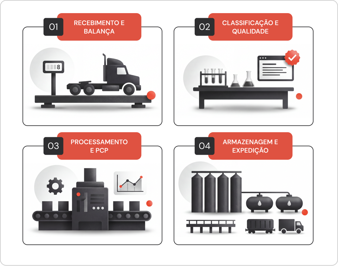Infográfico mostrando o fluxo pós-recebimento na agroindústria integrado ao ERP: recebimento na balança, classificação de qualidade, processamento industrial e armazenagem com expedição.
